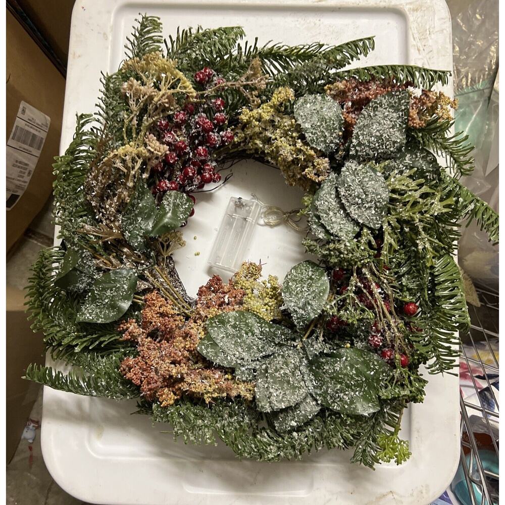 Light Up Christmas Wreath Frosted With Bow New 14” Across